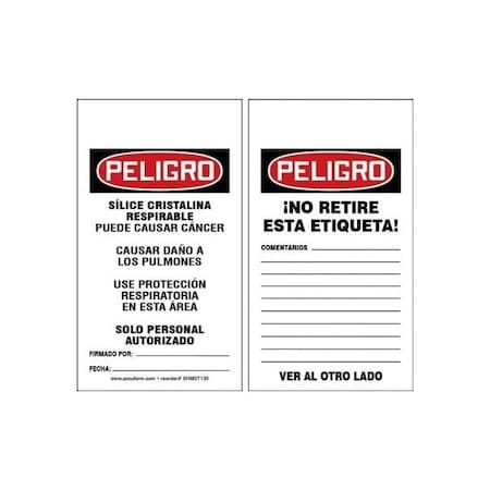 Accuform Spanish Safety Tags, DANGER RESPIRABLE CRYSTALLINE SILICA, 5.75in x 3.25in, RP-Plastic, 25PK SHMDT130PTP
